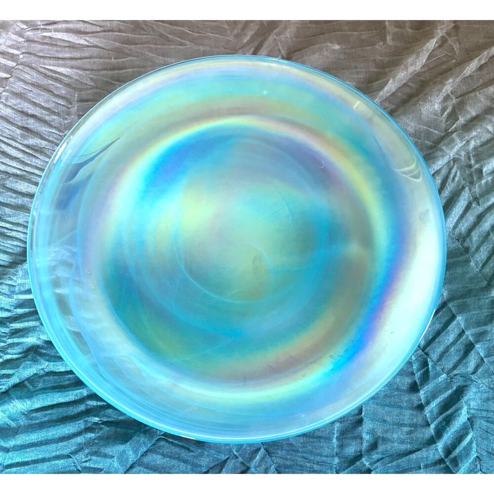 VTG Iridescent Blue Art Glass Plates Set of 2 Opalescent Dinner Rainbow 11"